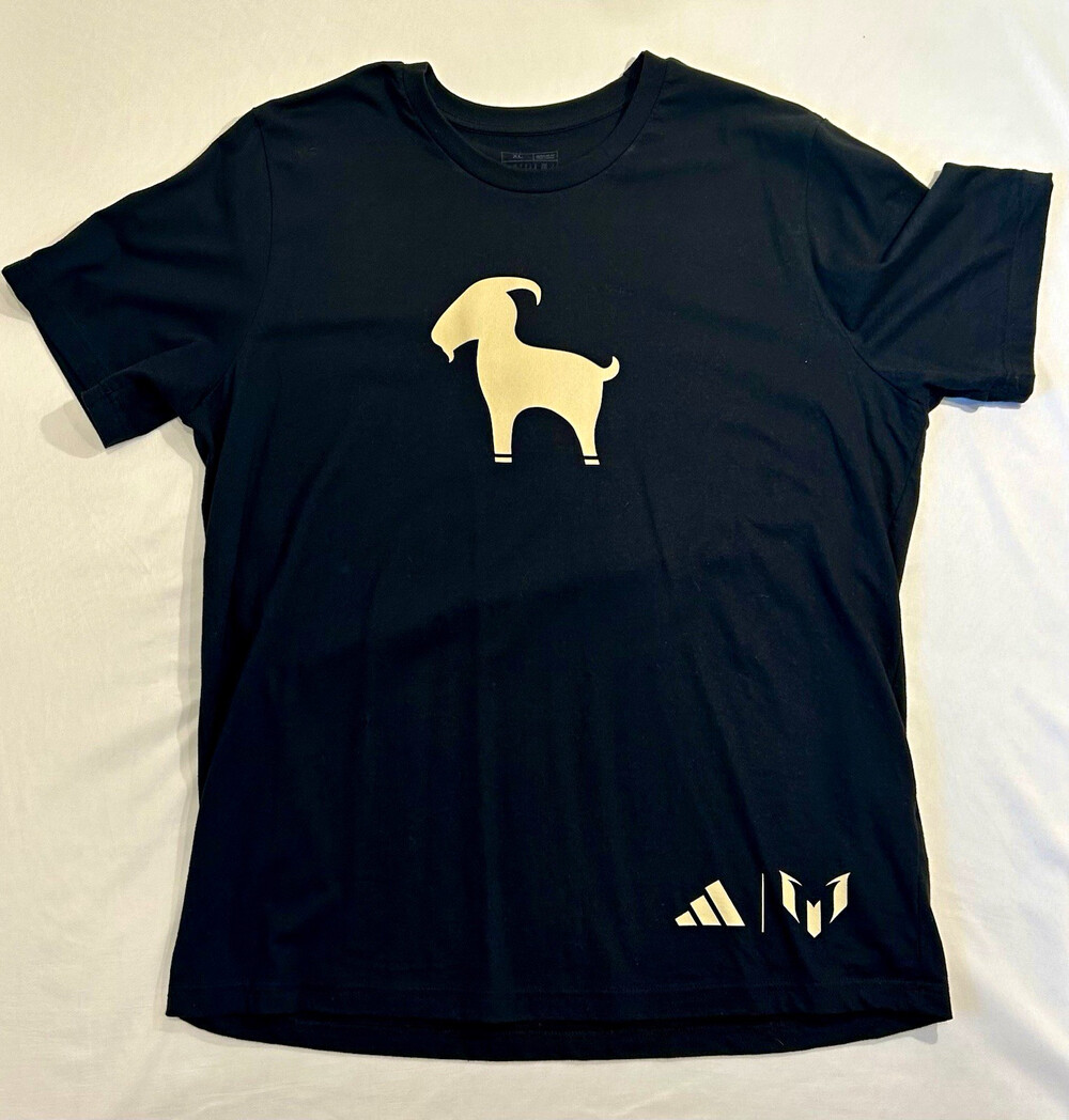 adidas Messi Goat Logo Black Graphic T-Shirt Mens XL Crew Neck Short Sleeve
